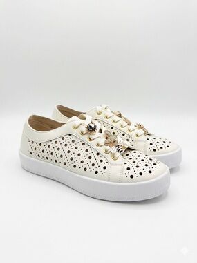 Dolce Vita Women's ROXANE OffWhite Laser Cut Sneakers Bee Embellished Platform 9